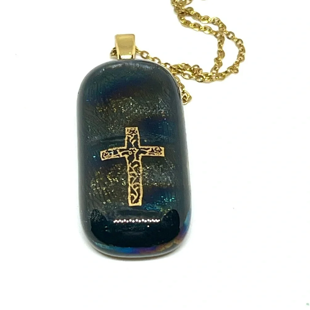 Dichoric Glass Cross Pendant on Chain